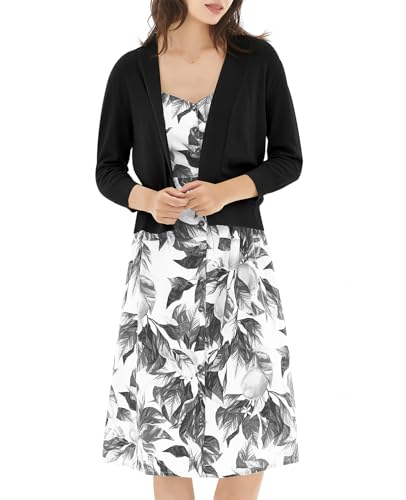 QUALFORT 3/4 Sleeve Cropped Cardigan for Women Dressy Lightweight Open Front Knit Short Bolero Shrugs4