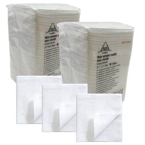 Pack de 200 gasas de máxima calidad y absorción, gasas de 4 capas no tejidas para cura de heridas, desinfección de la piel, aplicación de cremas, limpieza de material. fabricación europea