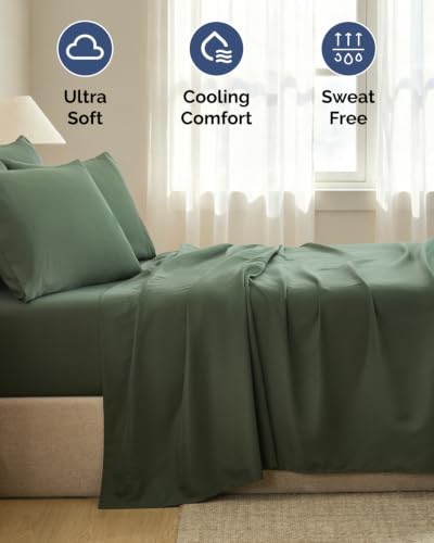 Image of Cal King 6 Piece Bed Sheet Set - Breathable & Cooling Sheets - Forest Green