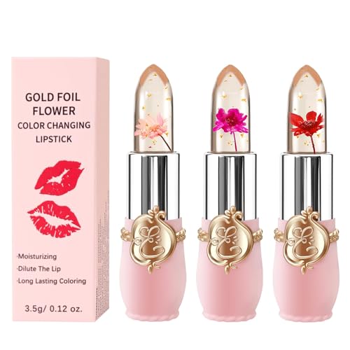 3 Packs Flower Jelly Lippenstift Set Magic Temperature Farbwechsel Lippenbalsam Langanhaltende Feuchtigkeitscreme Aloe Vera Flower Jelly Lippenstift Makeup Set (3PCS Set A)