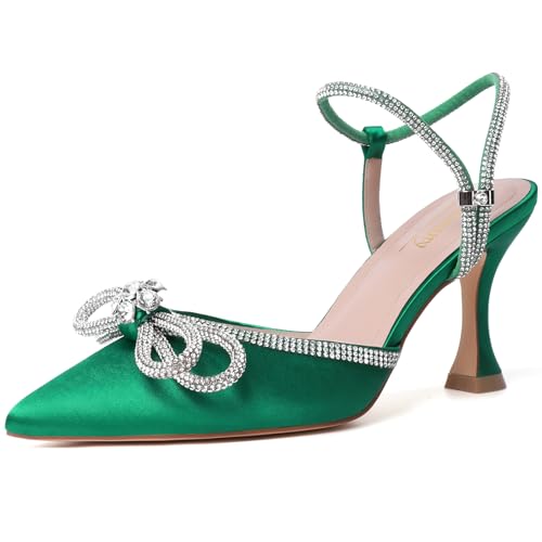 Image of Susanny Women's Closed Toe Rhinstone Wedding Low Heel Slingback Clear Kitten Heels,Adjustable Strap Pointed Toe Bow Pumps High Heeled Prom Dress Shoes