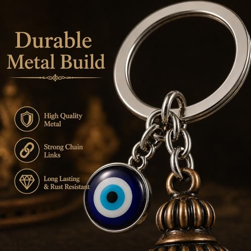 Image of Guardian Bell for Bike Riders, Guardian Bell Keychain with Evil Eye Charm, Metal Lucky Travel Amulet for Car Keys, Meaningful Gift for Men and Women (Antique Brass)