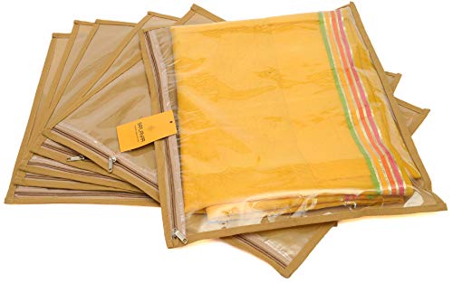 Image of Non-Woven Saree Storage Covers Set of 6 with Transparent Window & Smooth Zipper | Beige Saree Organizer Bags for Dresses, Lehengas & Garments | Wardrobe Storage Organizer