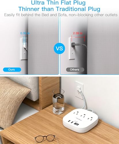 Image of Extension Cord 10 Ft, 22.5W /4.5A Surge Protector Power Strip 10Ft Cord, 3 Outlets & 4 USB Ports (2 USBC), Desktop Charging Station Travel Power Strip Long Cord for Home Office College Dorm Essentials