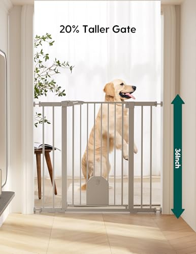 Image of Babelio 36 inch Tall Baby Gate with Adjustable Cat Door, CatPrivilege I, 29-43 inch | Auto Close, Safety Gate for Stairs, Easy Walk Thru with Pet Door, Includes 4 Wall Cups and 3 Extension Pieces, Gray