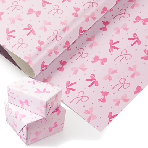 PlandRichW Pink Bow Wrapping Paper - 4 Large Folded Sheets 40x 28 Pink Ribbon Bow Cute Design Gift Wrap for Girl Baby Shower Birthday Wedding