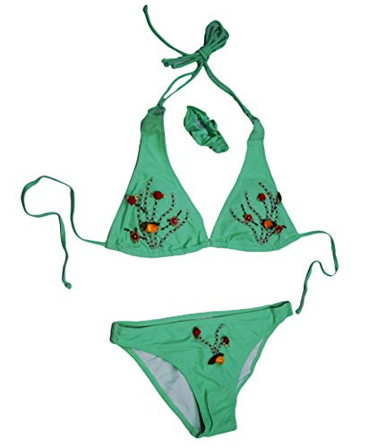 Takestopu00ae - Bikini triangular, ajustable, con perlas, rosa, roselinas, flores con cola de colores, colores variados, tirantes, luminoso, para playa, piscina, sol y verano Verde 44