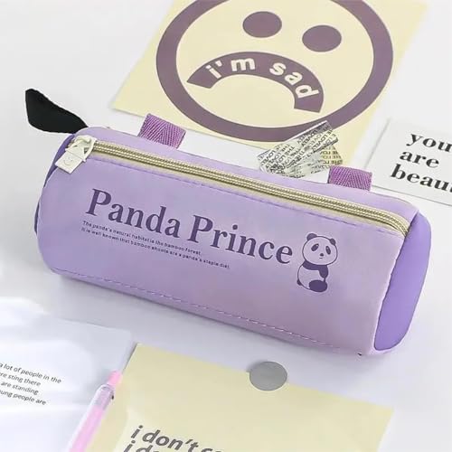 Image of Canvas School Bag Pencil Case, 3 Layer 6 Compartment Large Capacity, Aesthetic Pencil Pouch for Stationary, Cute Stationery for Kids, Pencil Case for Girls & Boys (Panda Prince Blue)