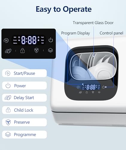 Joy Pebble Countertop Dishwasher, 28 Pieces Dishes/Cycle, 6 Washing Programs&Hot Drying, Dish Washer with 360°Dual Spray, with Child Lock&Delayed Start, Portable Dishwasher for Apartment/RV/Dorm