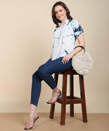 Image of Maaesa Women Handmade Regular Fit Tie-Dye Rayon Top | Casual Wear & Office Wear | Short Sleeve | Mandarin Neck | Lightweight & Breathable Fabric