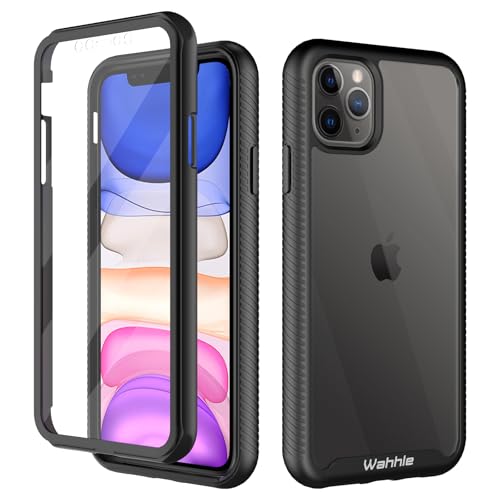 wahhle Compatible with iPhone 11 Pro Max Case, Built in Screen Protector Full Body Shockproof Slim Fit Bumper Protective Phone Cover 6.5'' Men Women-Black/Clear