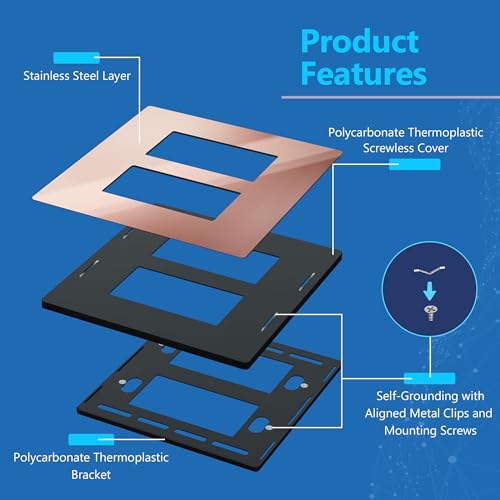 Image of LIDER Double Decorator Metal Wall Plate, Temperature and Impact Resistant, Screwless Cover, Modern Upgrade, Mid-Size 2-Gang 4.88 inch x 4.92 inch, UL Listed, Stainless Steel, Polished Rose Gold, 1-Pack