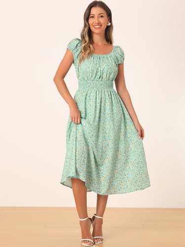 Image of Allegra K Women's Floral Dresses Square Neck Puff Short Sleeves Flare Midi Dress