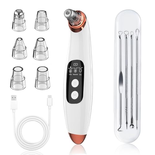 JICICUXI Mitesserentferner Porensauger Porenreiniger Gesicht Elektrisch mit 3 Saugstufen 6 Köpfen LCD Display Vakuumsauger zur Gesichtsreinigung Schonend USB Wiederaufladbar Perlweiß