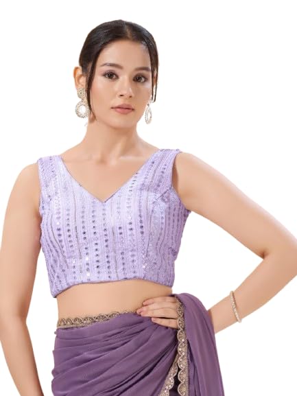 Women's Embroidered Saree Blouse | Padded Back Open Design | Elbow Length Sleeves | Readymade Ethnic Blouse for Saree, Lehenga-image-23