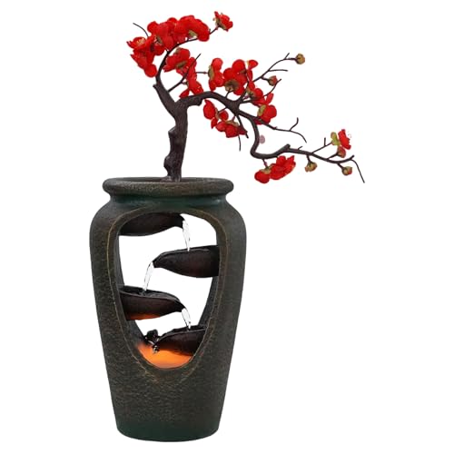 KONGKUNI Tabletop Waterfall Fountain, Indoor Waterfall Meditation Fountain with Automatic Pump and LED Light, Relax Desktop Fountain for Home Office Bedroom, Brown&red