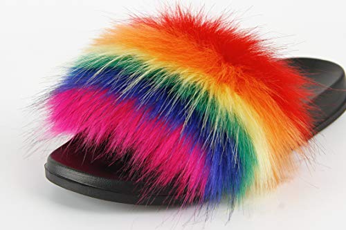 Image of Hangrui Women's Faux Fur Slides, Open Toe Cute Fluffy Slippers, Comfortable Furry Sandals