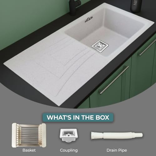 Image of ARQUIN Quartz Kitchen Sink with Drainboard 36x18x9 InchRosa Granite sink for kitchen b asin,UV Protected, Undermount | Topmount Including Coupling, Waste Pipe & Strainer Basket