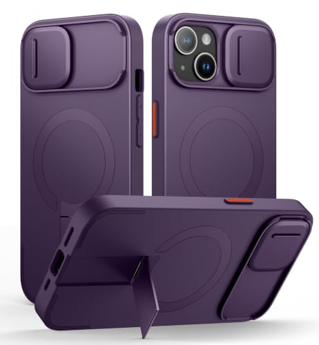 Image of SURITCH for iPhone 15 Case with Magnetic Camera Slide Cover and Adjustable Kickstand, Compatible with MagSafe, Shockproof Bumper Case Slim Protective Cover 6.1 Inch, Dark Purple