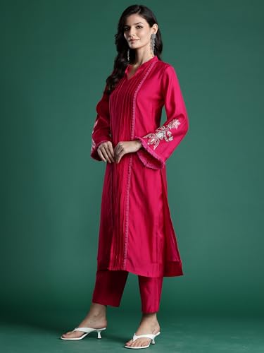 Image of INDO ERA Women's Red Embroidered Silk Blend Straight Co-Ord Set (IESTR6841)
