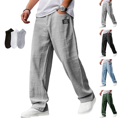 Mokaloha Mens Pants, Pacificozy Men's Casual Hemp Embroidered Logo Drawstring Loose Elastic Waist Pocket Trousers