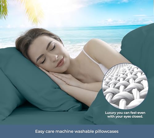 Image of ROYALE LINENS 100% Organic Cotton Percale Pillowcases Set of 2 - Standard Size Percale Pillowcase - Standard Set of 2 Pillow Cover - Breathable, Cool & Crisp Pillow Cases (20 inchx26 inch, Teal)