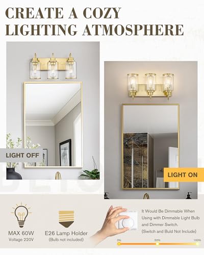 Image of Beionxii Bathroom Vanity Light, 3 Light Gold Bathroom Light Fixtures with Clear Glass Shade, Modern Vanity Lighting Fixtures Over Mirror, Living Room, Hallway, BX-VL01BG-3CG