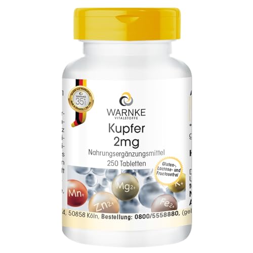 Kupfer 2mg - 250 Tabletten mit je 2mg - Kupferbisglycinat - HOCHDOSIERT - Deutsche Apothekenqualität - vegan | Warnke Vitalstoffe
