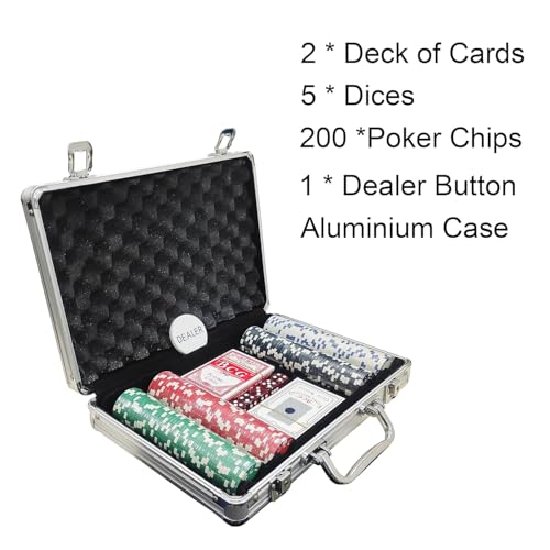 Image of GrandGlow Casino Style 200 Chips /Pcs Poker Chips Set with A Aluminum Finish Case, 2 Decks of Cards, 5 Dice, 1 Dealer Button (Classic Multiplayer Game)