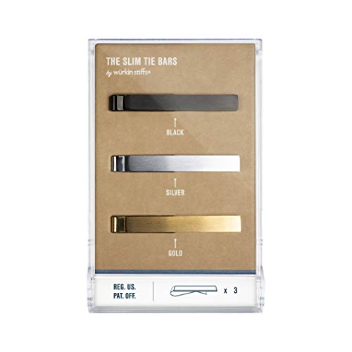 The Slim Tie Bar Clip Set by Würkin Stiffs | Set of 3 Brushed Finish Tie Clips | Includes (1) Gold, (1) Black, (1) Silver | Pack of 1.65” Long Necktie Clips | Gift for Men | As Seen on Shark Tank