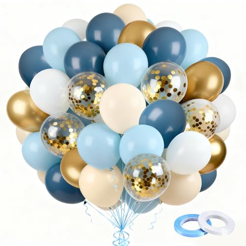 Balões azul creme, 60 peças balões de aniversário azul ouro com confetes dourados metalizados balão de hélio, com 2 tiras de fita para aniversários, Baby Shower casamento graduação batiço