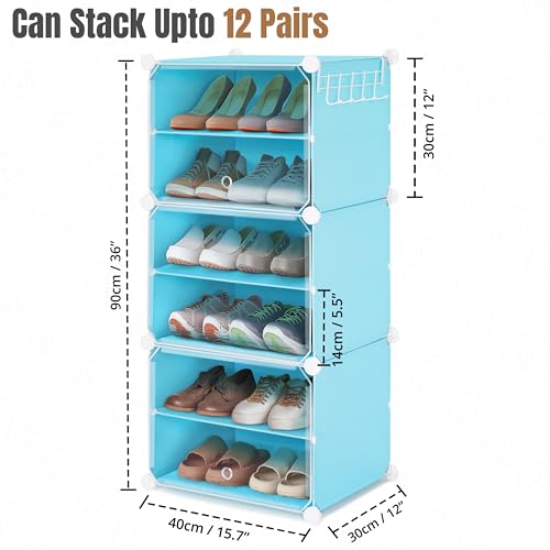 Image of ABOUT SPACE Plastic Shoe Stand with Hanger & Door for Home - Portable,Expandable 3 Cube Shoe Stand for Boots,Heels - DIY 12 Pair Flipflop,Slipper Stand for Women,Men,Outdoor (Blue) 300 x 400 x 900 mm