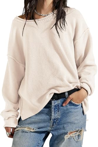 UNCLECAT Womens Oversized Sweater 2025 Fall Trendy Side Slit Crew Neck Long Sleeve Casual Tunic Sweaters Beige