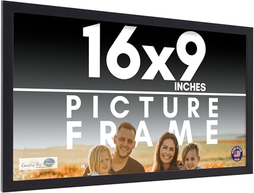 16x9 Frame Black Picture Frame - Complete Modern Photo Frame Includes UV Acrylic Shatter Guard Front, Acid Free Foam Backing Board, Hanging Hardware Wood Wall Frames for Family Photos - no Mat