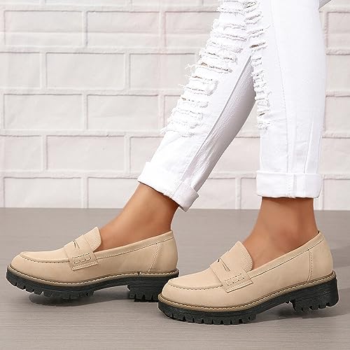 Image of Womens Loafers Slip On Casual Chunky Platform Heel Loafers Classic Penny Dressy Comfy Business Work Shoes Green Beige Black Red US5-11