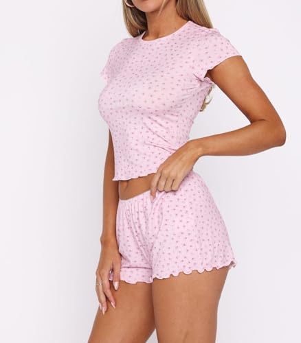 Image of Lacozy Cute Pajamas for Women Set 2 Piece Short Sleeve Pjs Floral Graphic Crop Top Y2K Summer Sleepwear Lounge Set