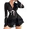XAGMODSHN Morbido Mesh Pizzo Tagliato Camicia Da Notte Set 2 Pezzi Manica Lunga Sleepwear Con Comfort E Stili Donne Nightwears Poliestere Pigiama Set, Nero , M