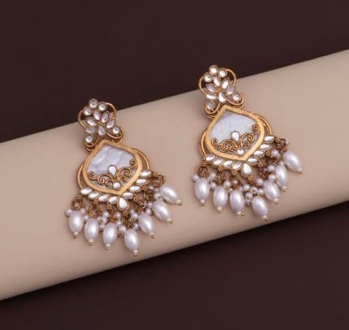 Image of Traditional 20K Gold Plated Kundan Chandbali Earrings with Black Beads and Faux Pearls for Women - Ethnic Wedding & Partyy Wear Statement Jewelry