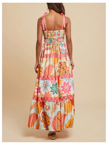 Image of WDIRARA Women's Boho Floral Sleeveless Ruffle Maxi Dress Tropical Graphic Tie Shoulder Smocked Cami Dresses