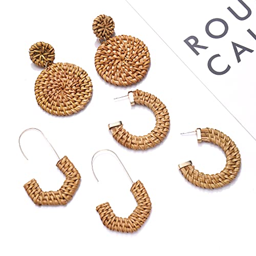 Boho Earrings Necklace Bracelet Handmade Lightweight Rattan Dangling Earrings Long Chain Tassel Rattan Disc Pendant Necklace Woven Rattan Bangle Bohemian Summer Beach Jewelry For Women Girls #TOP5