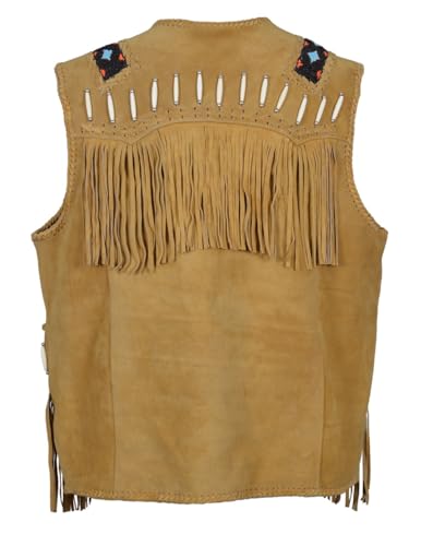 Image of Men's Western Cowhide Suede & Leather Vest - Beaded Fringe Yoke & Back Native-Inspired Cowboy Biker Vest