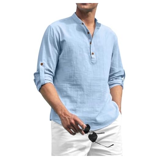 Zombom Cotton Blend Solid Casual Regular Fit Mandarin/Chinese Collor Short Kurta for Men Sky Blue