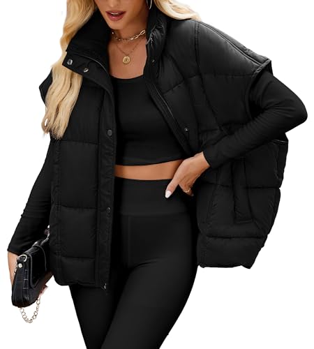 WHN Oversized Puffer Vest for Women Cap Sleeve Quilted Jacket Coat Zip Up Button Outerwear3