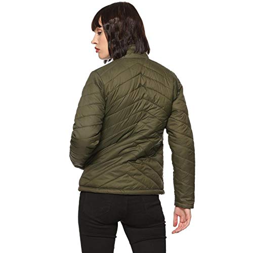 Image of Campus Sutra Women's Olive Green Quilted Puffer Jacket With Zip Closure For Casual Wear | Hooded Neck | Long Sleeve | Zipper Closure | Polyester Jacket Crafted With Comfort Fit For Everyday Wear