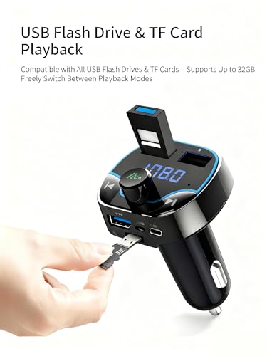 Image of Bluetooth FM Transmitter Car Adapter with LED Voltage Display, Hands-Free Calling, Dual USB Car Charger, Supports MP3, Radio, TF Card, USB Disk Playback