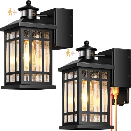 Image of Porch Light with GFCI Outlet, Black Motion Sensor Outdoor Lights 2-Pack, Outside Wall Lights for House, Garage, Doorway, Garden, Aluminum Waterproof and Anti-Rust, Distance and Time Adjustable