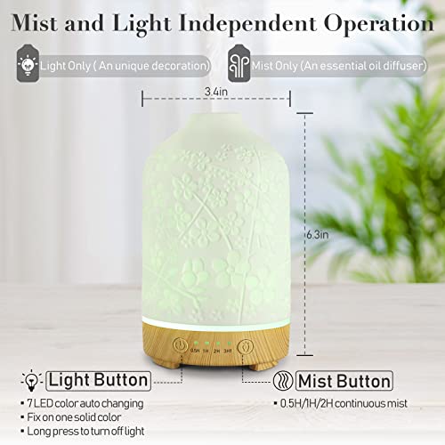 Ceramic Ultrasonic Aroma Essential Oil Diffuser 100ml For Aromatherapy, Whisper Quiet Humidifier Timer Adjustable Mist Mode 7 Colors LED Lights Changing for Home Office Plum Blossom (White) - Image 4