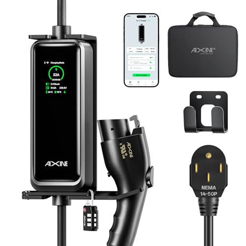 AIXINE Level 2 EV Charger(WiFi APP/Plug-Charge),J1772 32A with 25FT Extension Cord Cable,Waterproof Indoor/Outdoor,Portable EV Charger 240V NEMA 14-50 Plug for All SAE J1772,ETL,FCC,UL Certified