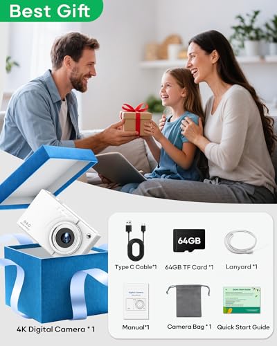 Digital Camera 4K with 64MP & 16X Digital Zoom - Autofocus Vlogging Camera with Anti-Shake, 64GB SD Card Included | Compact Travel Camera for YouTube Beginners, Teens & Adults (White)