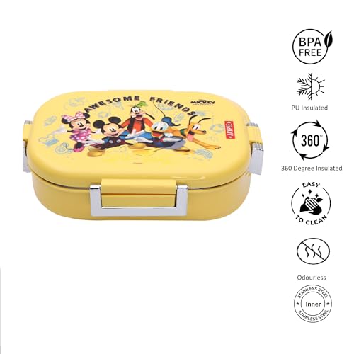 Image of JAYPEE Inner Stainless Steel Insulated Lunch Box Missteel Mickey Printed Airtight Tiffin Box for School Kids Girls & Boys | Bpa Free,Yellow, 500 ml